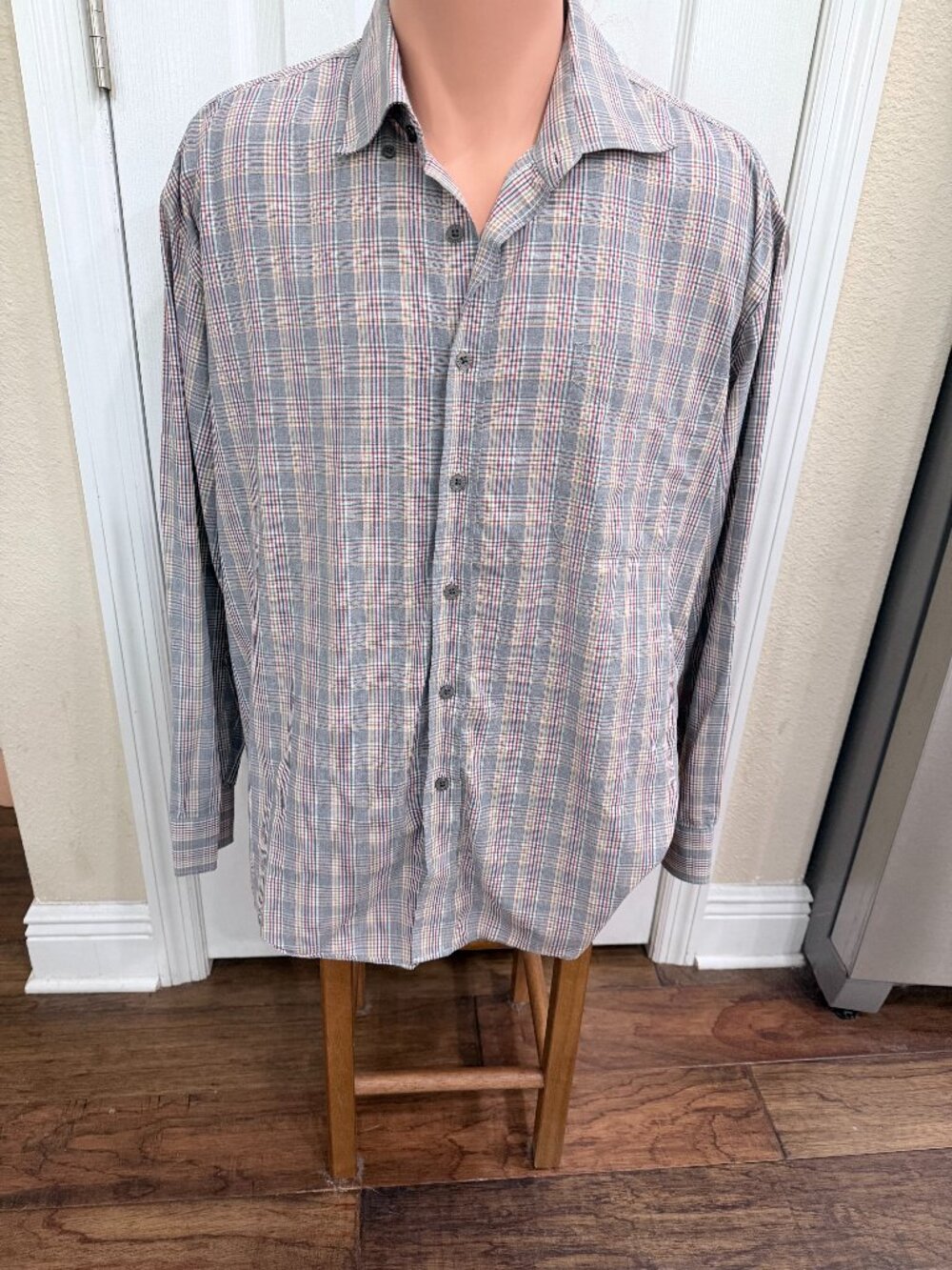 Alan Flusser Men's XL 100% Cotton Plaid Button Down Shirt Gray Preppy